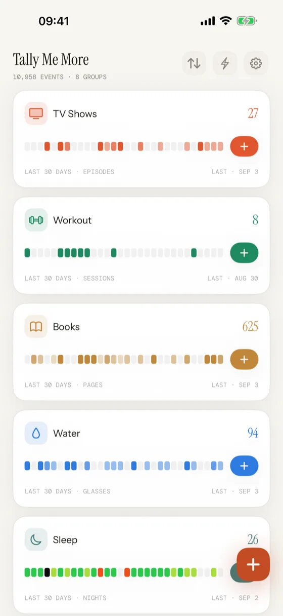 The Home screen, with one card per group and the last thirty days as small squares.