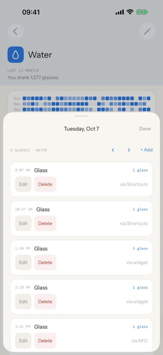 One day opened, listing the events logged that day.