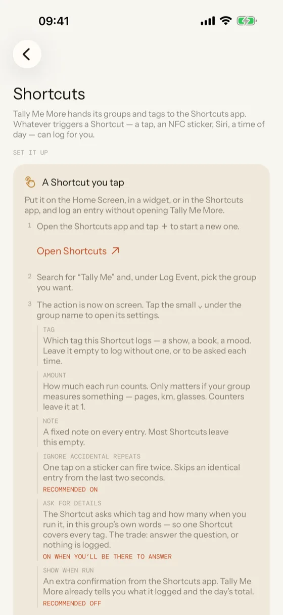 The Shortcuts screen, explaining how to log without opening the app.